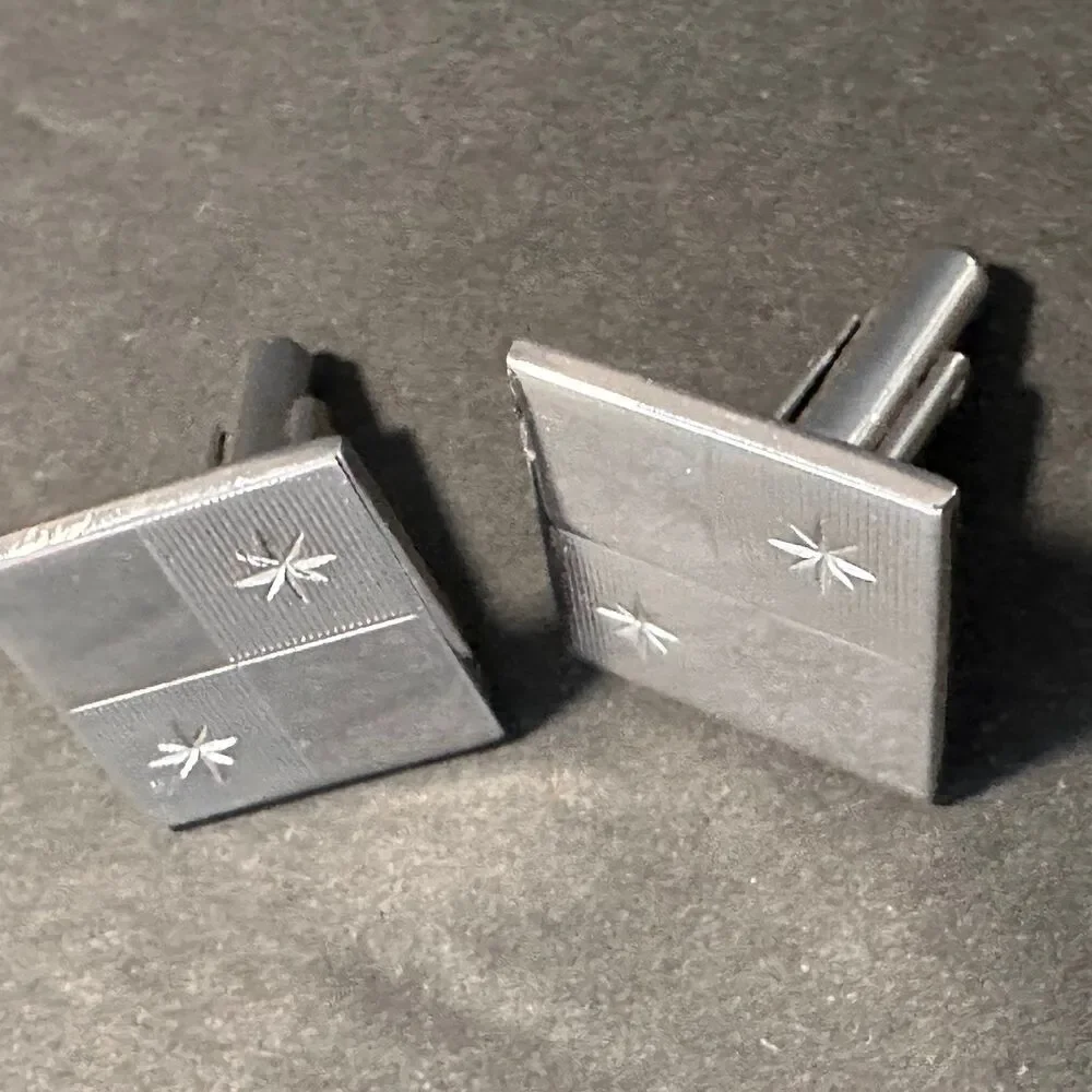 Vintage Silver Tone Cufflinks 3/4” Square in Square Starburst Design